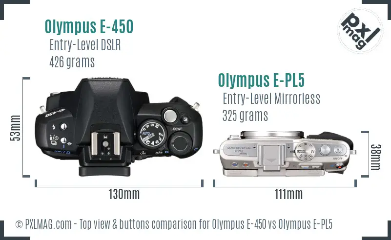 Olympus E-450 vs Olympus E-PL5 top view buttons comparison