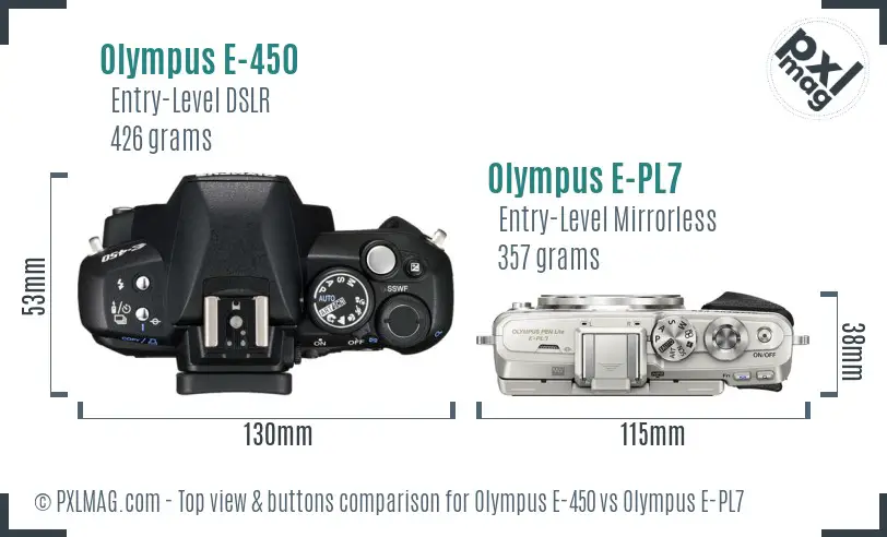 Olympus E-450 vs Olympus E-PL7 top view buttons comparison