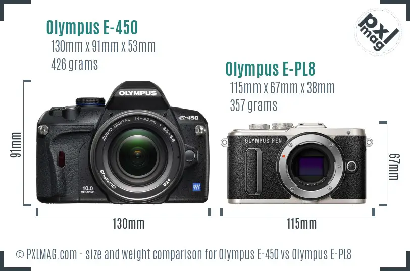 Olympus E-450 vs Olympus E-PL8 size comparison