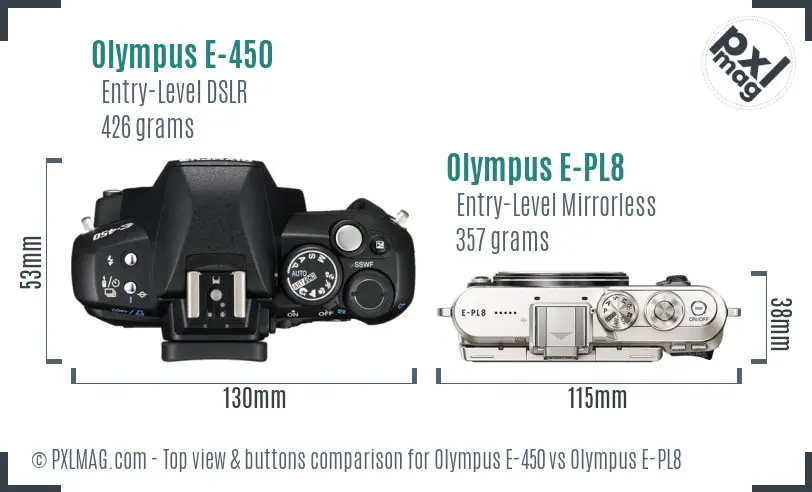 Olympus E-450 vs Olympus E-PL8 top view buttons comparison