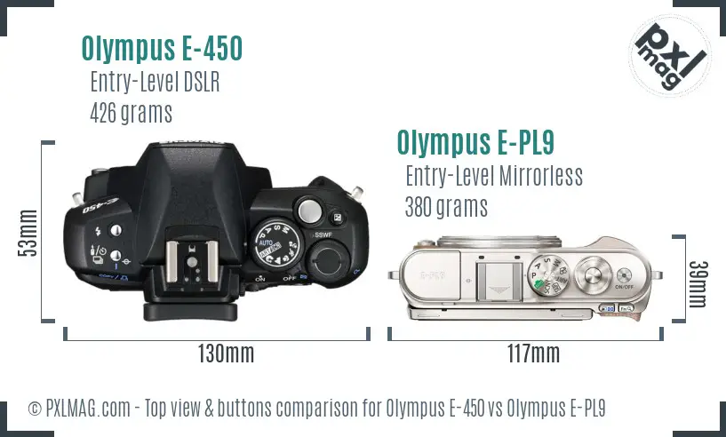 Olympus E-450 vs Olympus E-PL9 top view buttons comparison