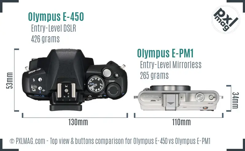 Olympus E-450 vs Olympus E-PM1 top view buttons comparison