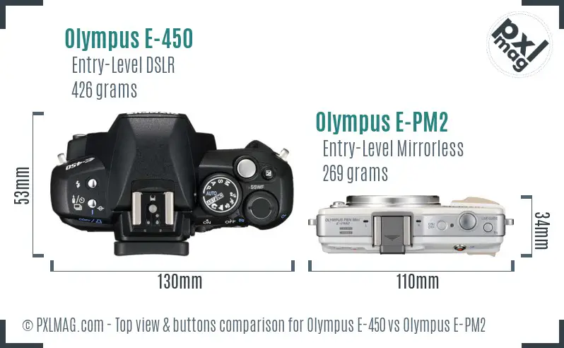 Olympus E-450 vs Olympus E-PM2 top view buttons comparison