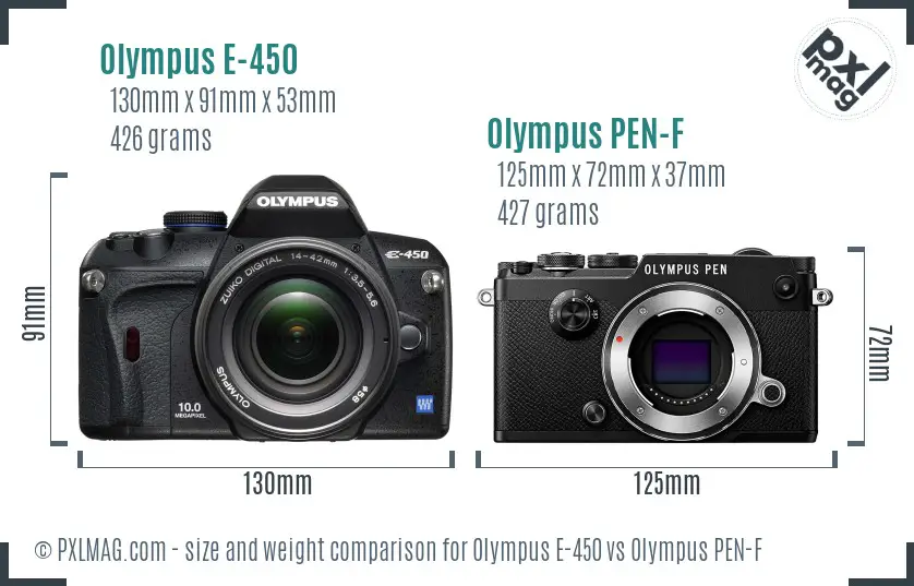 Olympus E-450 vs Olympus PEN-F size comparison