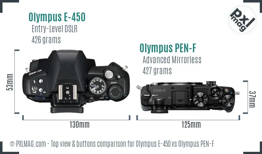 Olympus E-450 vs Olympus PEN-F top view buttons comparison
