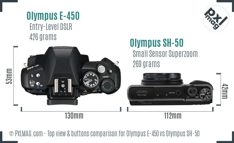 Olympus E-450 vs Olympus SH-50 top view buttons comparison