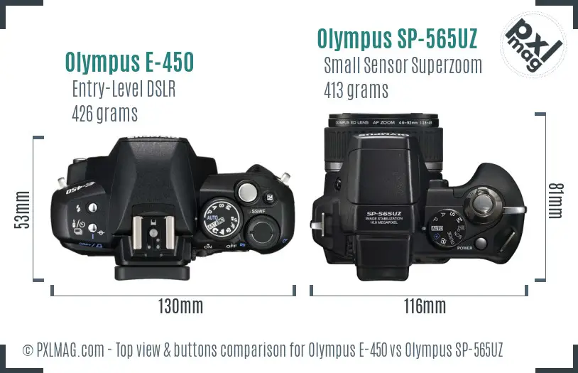 Olympus E-450 vs Olympus SP-565UZ top view buttons comparison