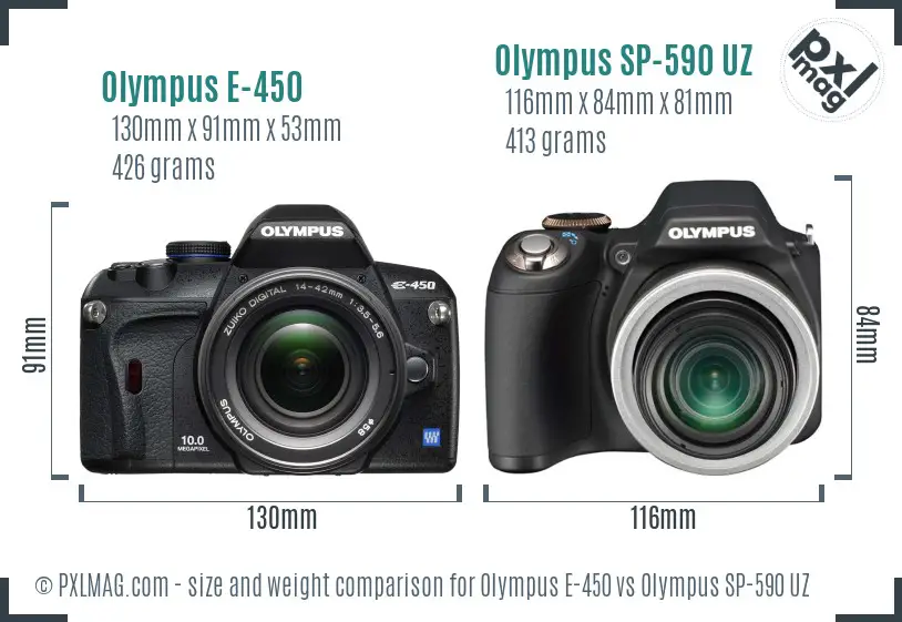 Olympus E-450 vs Olympus SP-590 UZ size comparison