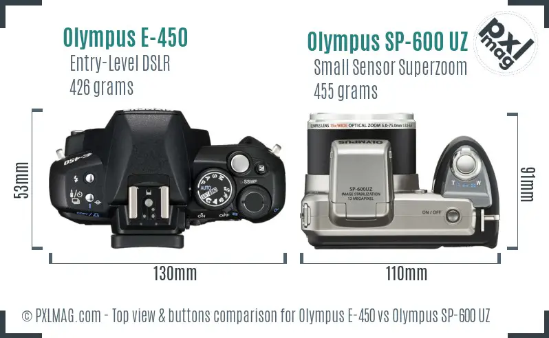 Olympus E-450 vs Olympus SP-600 UZ top view buttons comparison