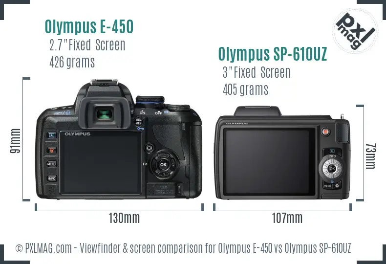 Olympus E-450 vs Olympus SP-610UZ Screen and Viewfinder comparison