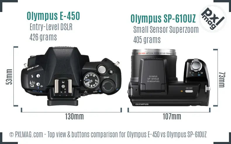 Olympus E-450 vs Olympus SP-610UZ top view buttons comparison