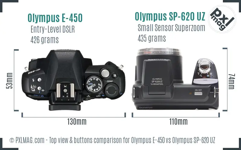 Olympus E-450 vs Olympus SP-620 UZ top view buttons comparison