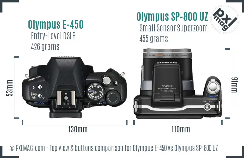 Olympus E-450 vs Olympus SP-800 UZ top view buttons comparison