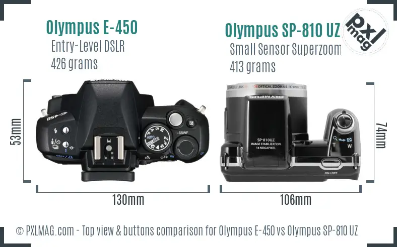 Olympus E-450 vs Olympus SP-810 UZ top view buttons comparison