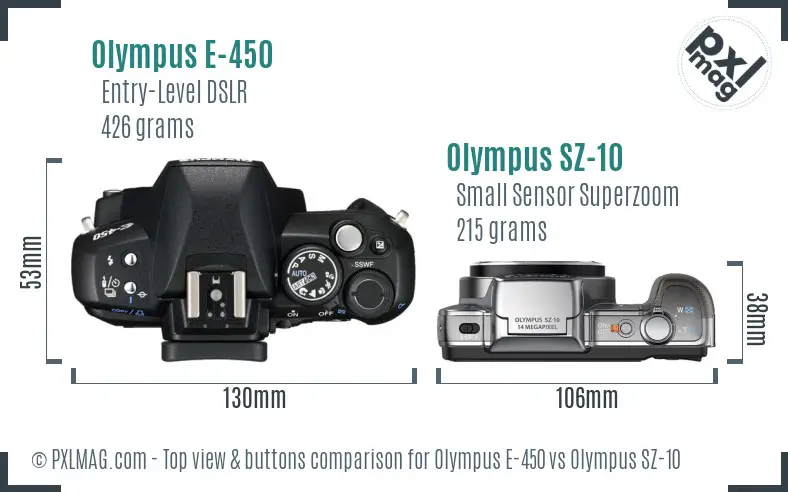 Olympus E-450 vs Olympus SZ-10 top view buttons comparison