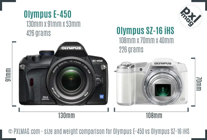 Olympus E-450 vs Olympus SZ-16 iHS size comparison