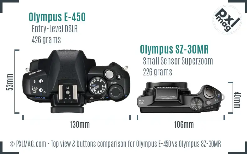 Olympus E-450 vs Olympus SZ-30MR top view buttons comparison