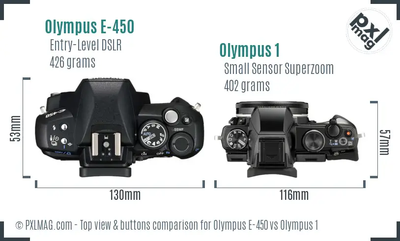 Olympus E-450 vs Olympus 1 top view buttons comparison