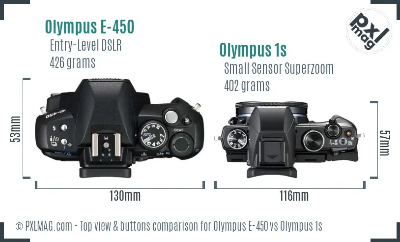 Olympus E-450 vs Olympus 1s top view buttons comparison