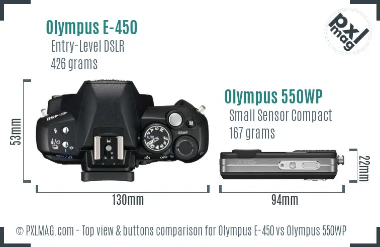 Olympus E-450 vs Olympus 550WP top view buttons comparison