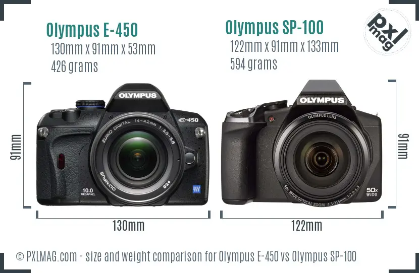 Olympus E-450 vs Olympus SP-100 size comparison