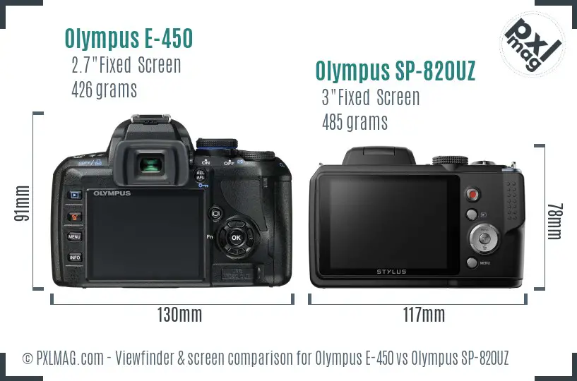 Olympus E-450 vs Olympus SP-820UZ Screen and Viewfinder comparison