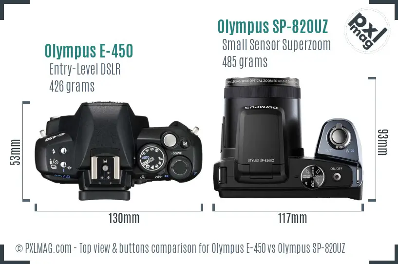 Olympus E-450 vs Olympus SP-820UZ top view buttons comparison