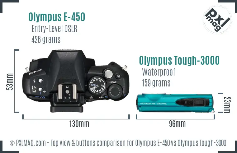 Olympus E-450 vs Olympus Tough-3000 top view buttons comparison
