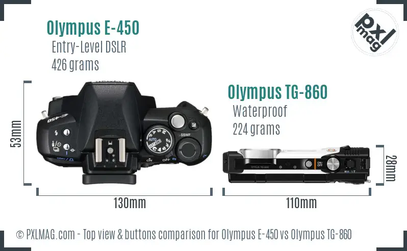 Olympus E-450 vs Olympus TG-860 top view buttons comparison