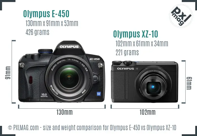 Olympus E-450 vs Olympus XZ-10 size comparison