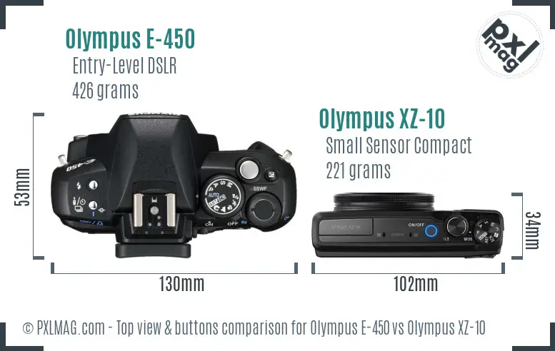 Olympus E-450 vs Olympus XZ-10 top view buttons comparison