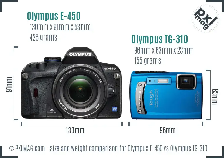 Olympus E-450 vs Olympus TG-310 size comparison