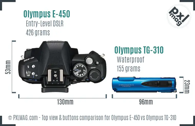 Olympus E-450 vs Olympus TG-310 top view buttons comparison