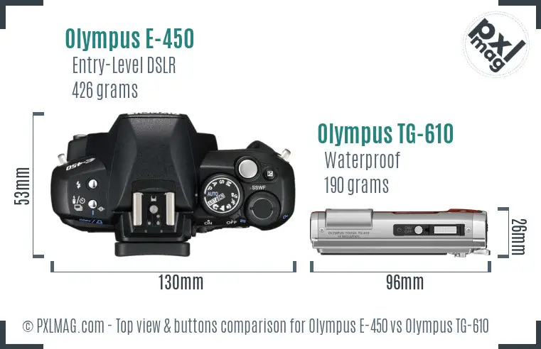 Olympus E-450 vs Olympus TG-610 top view buttons comparison