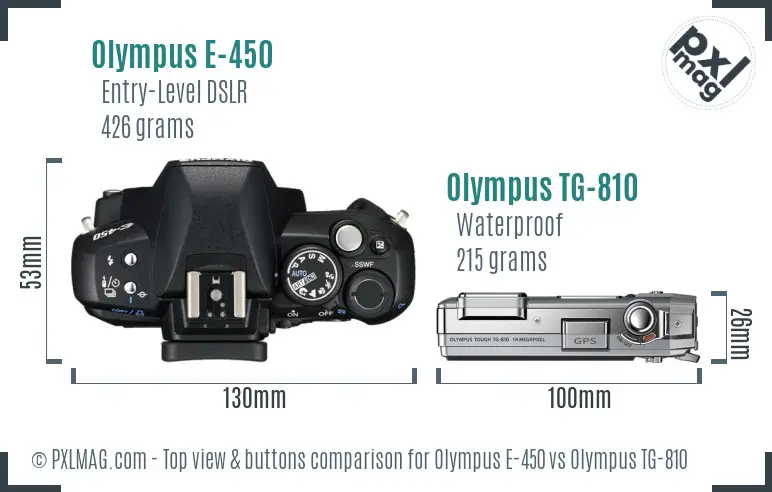 Olympus E-450 vs Olympus TG-810 top view buttons comparison