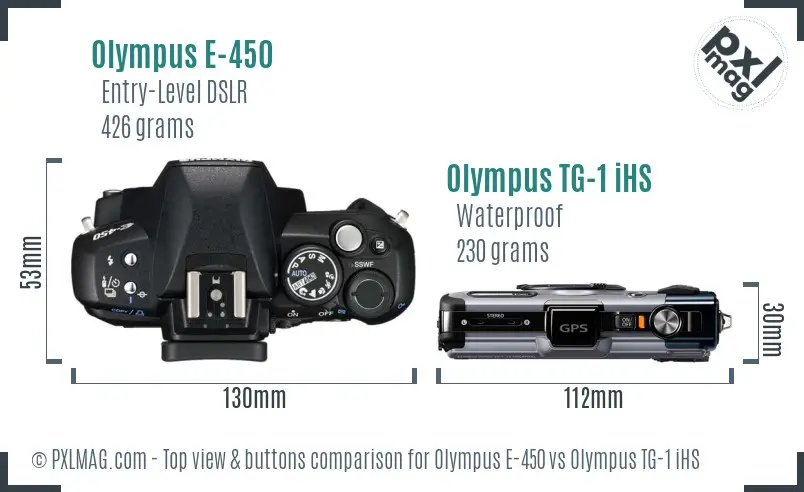 Olympus E-450 vs Olympus TG-1 iHS top view buttons comparison