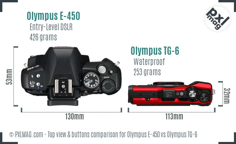 Olympus E-450 vs Olympus TG-6 top view buttons comparison
