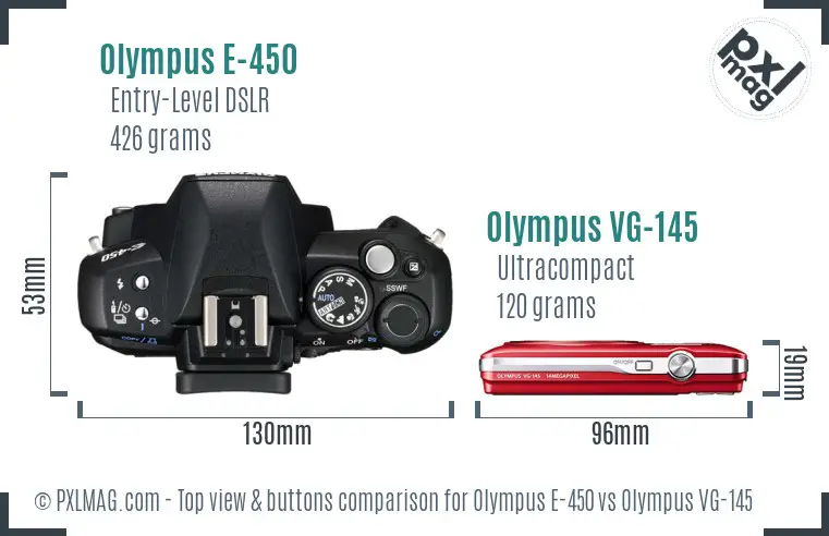 Olympus E-450 vs Olympus VG-145 top view buttons comparison