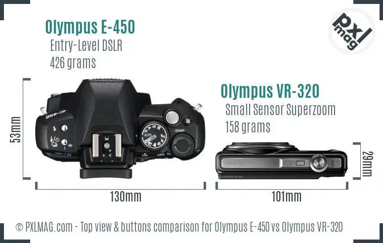 Olympus E-450 vs Olympus VR-320 top view buttons comparison