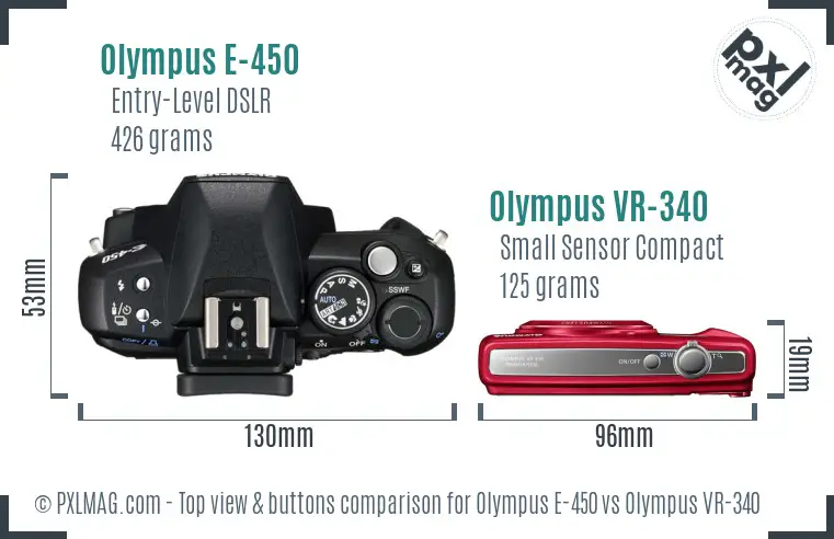 Olympus E-450 vs Olympus VR-340 top view buttons comparison