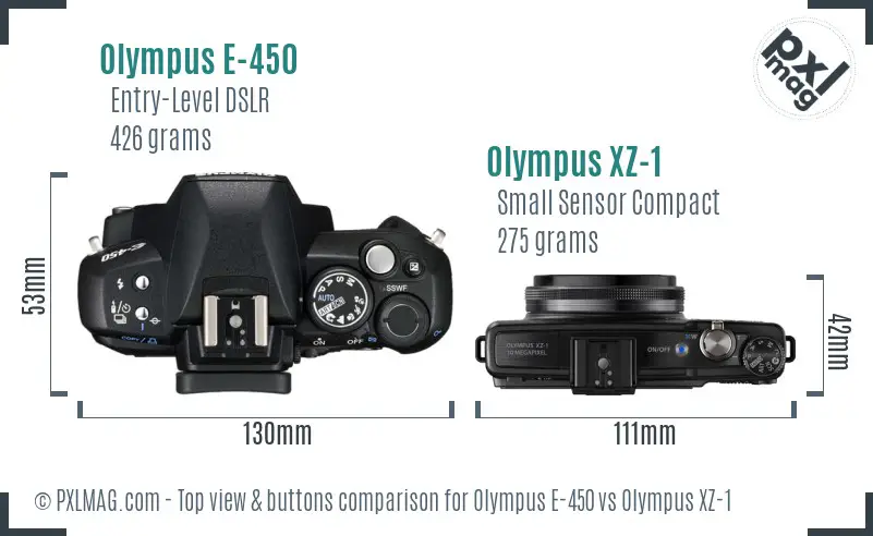 Olympus E-450 vs Olympus XZ-1 top view buttons comparison