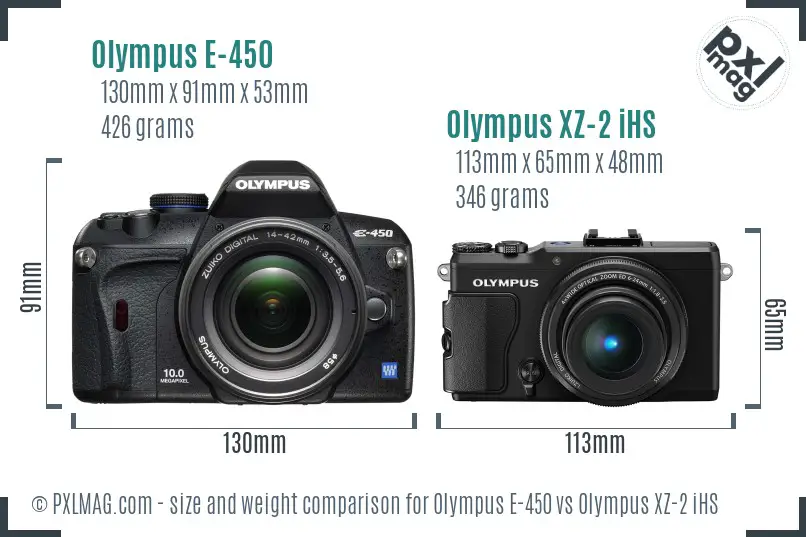 Olympus E-450 vs Olympus XZ-2 iHS size comparison