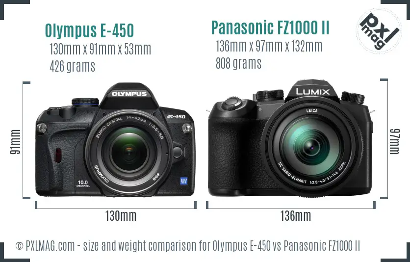 Olympus E-450 vs Panasonic FZ1000 II size comparison