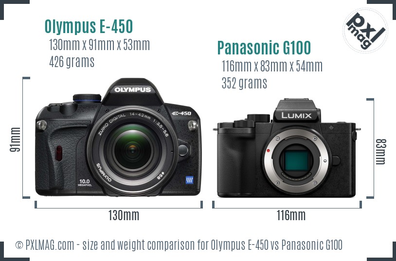 Olympus E-450 vs Panasonic G100 size comparison