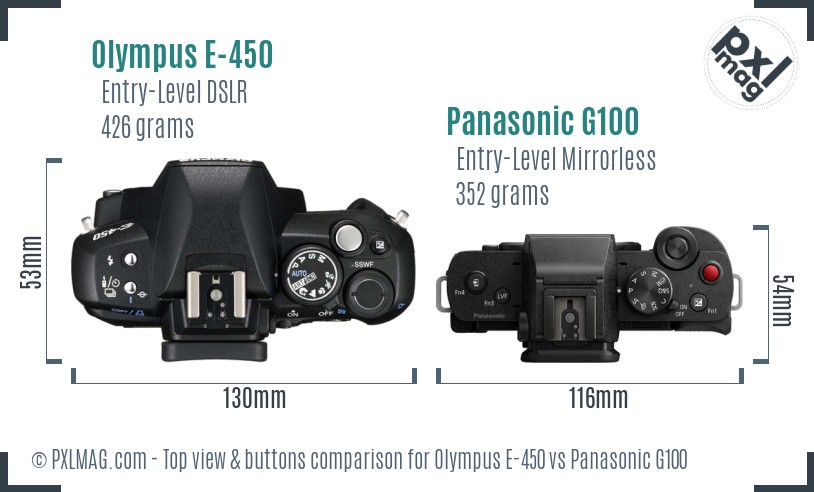 Olympus E-450 vs Panasonic G100 top view buttons comparison