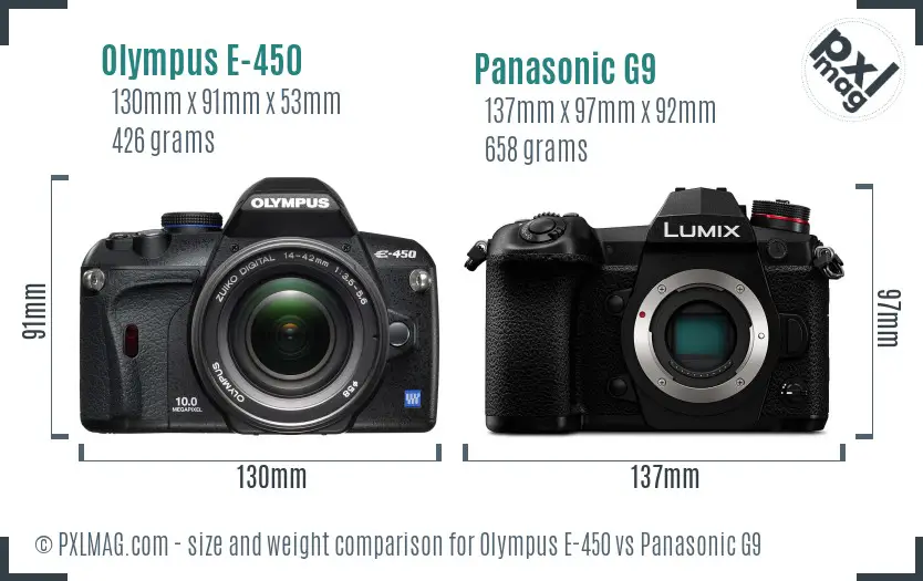 Olympus E-450 vs Panasonic G9 size comparison