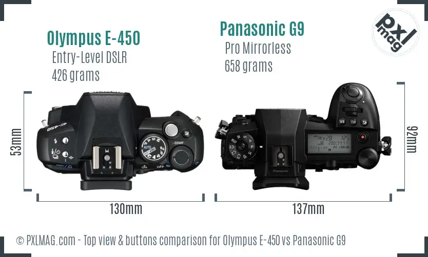 Olympus E-450 vs Panasonic G9 top view buttons comparison