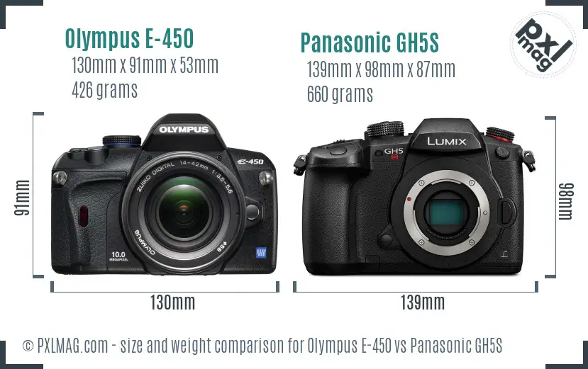 Olympus E-450 vs Panasonic GH5S size comparison