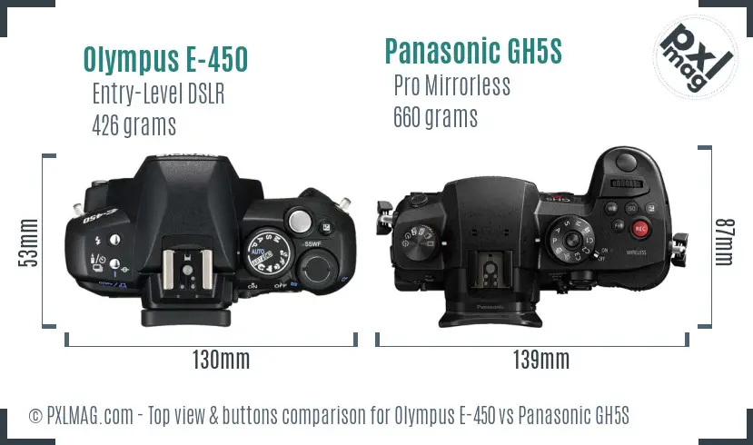 Olympus E-450 vs Panasonic GH5S top view buttons comparison