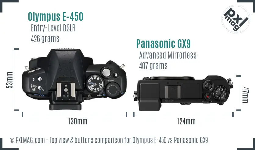 Olympus E-450 vs Panasonic GX9 top view buttons comparison
